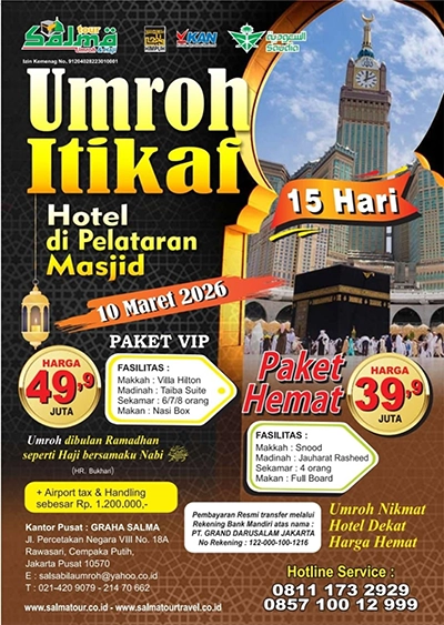 Update Harga Umroh Itikaf Ramadhan 2026 bersama Grand Darusalam Jakarta. Paket 15 hari, fasilitas lengkap, hotel dekat masjid, harga bersahabat. WA 082223727999